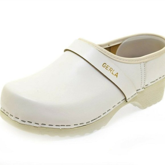 Gerla Shoes - Gerla Comfort Shoe Wood Clog White Leather Size 40